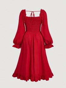 SHEIN MOD Đầm dài tay bồng cổ vuông màu đỏ cổ điển cỡ lớn có viền xếp nếp cho nữ, trang phục, trang phục Ngày của người chết - Đỏ - Xem 2
