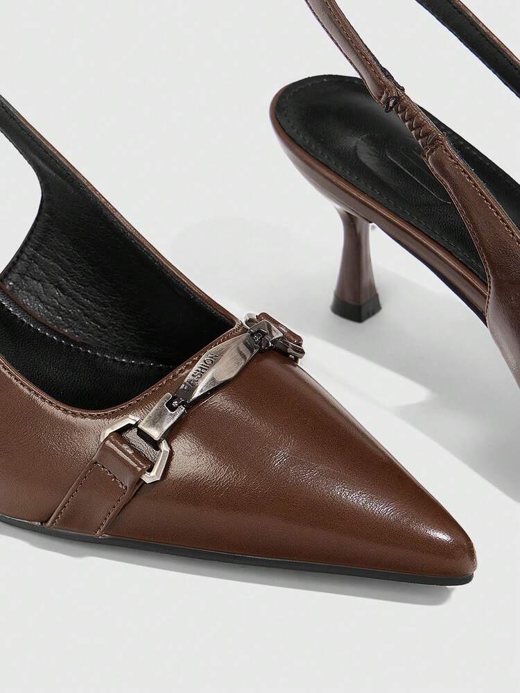 CUCCOO BIZCHIC 女士简约尖头休闲高跟鞋，带有金属装饰，适合圣诞节和新年假期氛围秋冬季 - 棕色 - 查看 3