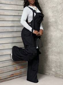 SHEIN Slayr 休闲洗水阔腿牛仔连体裤 - 黑色 - 查看 5