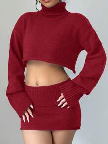 Chiquease 女士高领纯色长袖短款针织毛衣和针织中裙两件套，休闲秋冬新年服装 - 紅色 - 查看 7