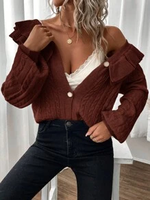 SHEIN Privé Solid Color Ruffle Twist Front Button V-Neck Casual Long Sleeve Cardigan - Brown - View 6