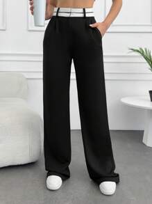 SHEIN Tall Quần ống rộng cạp tương phản cho nữ cao - màu đen - Xem 1
