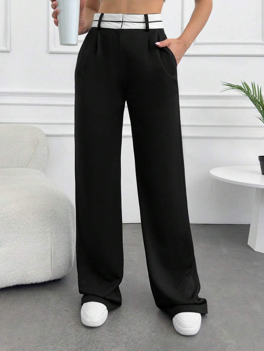 SHEIN Tall Quần ống rộng cạp tương phản cho nữ cao - màu đen - Xem 1
