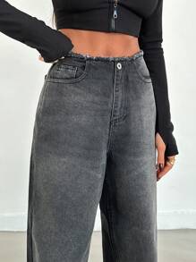 EURMUSE HIGH RISE STRAIGHT CUT RAW BELT JEAN - Dark Grey - View 3