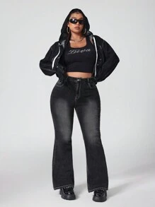 SHEIN ICON 大码图案刺绣口袋休闲喇叭牛仔裤