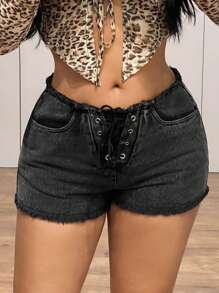 SHEIN ICON 女式 Y2k 街头风格休闲外出低腰孔眼系带黑色短裤，带口袋，适合日常穿着 - 深灰色 - 查看 4