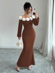 Elenzga Elegant 3D Floral Decor Off Shoulder Dress - Multicolor - View 3