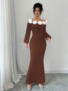 Elenzga Elegant 3D Floral Decor Off Shoulder Dress - Multicolor - View 6