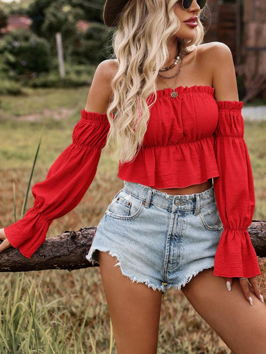 SHEIN VCAY 女士甜美露肩荷叶边腰部休闲纹理面料长袖衬衫，适合度假穿着 - 紅色 - 查看 1