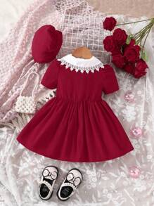 SHEIN 寶寶女孩拼色披肩領紐扣細節造型腰帶禮服 - 酒紅色 - 查看 2