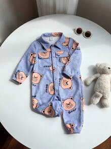 SHEIN 男婴休闲可爱趣味小熊图案牛仔布效果宽松落肩针织连体衣，适合秋冬季节穿着，室内外皆可。 - 藍色 - 查看 6