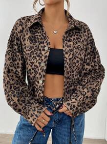 Chiquease 1 Áo khoác nữ dáng rộng, đơn hàng khuy, họa tiết da báo mùa thu (In bất đối xứng) - Cà phê nâu - Xem 4