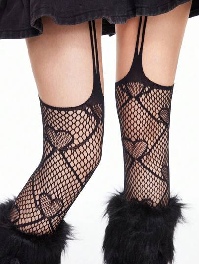 Goth 1set Furry Leg Warmers & Heart Suspender Fishnet Stockings Combo, Sexy Fashion Street Punk Goth Style For Women