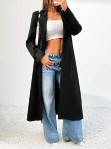 Chiquease 1 件女式宽松黑色长款绒面革外套，高端休闲外套 - 黑色 - 查看 3