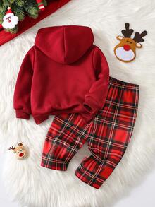 SHEIN 2 Stück/Set Baby Jungen/Mädchen Weihnachts Cartoon Rentier Kapuzenpullover & karierte Hose Set, Herbst/Winter - Verschiedenfarbig - Übersicht 2