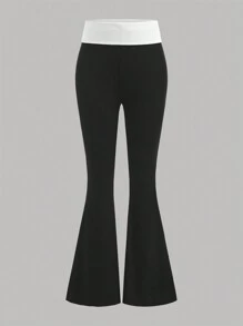 SHEIN Pantalon évasé casual en tricot côtelé à la taille pliante, contraste noir et blanc. Style de rue pour la rentrée scolaire, pour adolescentes. - Noir et Blanc - Voir 1