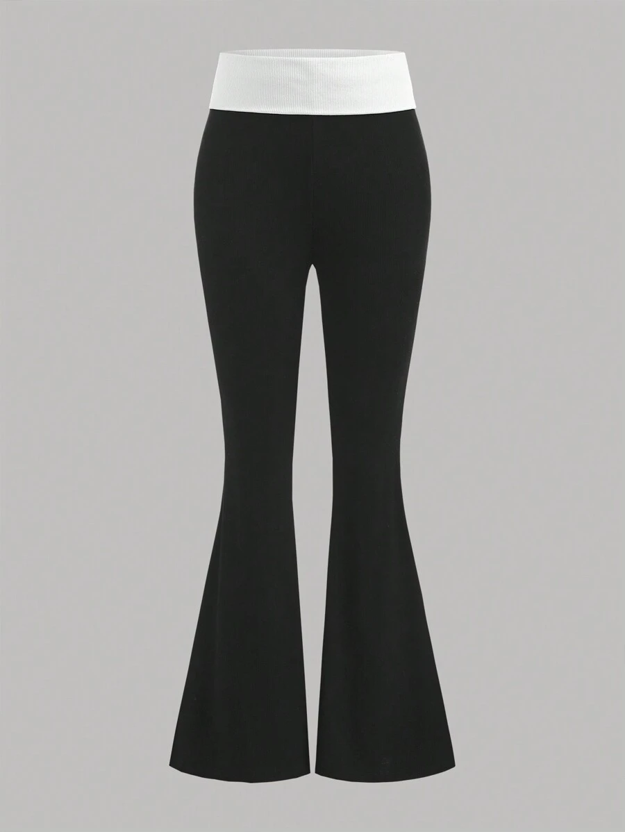 SHEIN Pantalon évasé casual en tricot côtelé à la taille pliante, contraste noir et blanc. Style de rue pour la rentrée scolaire, pour adolescentes. - Noir et Blanc - Voir 1