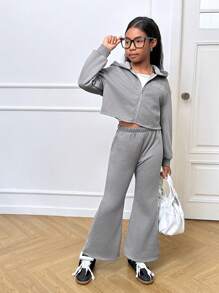 SHEIN 青少年女孩休闲针织连帽衫和运动裤套装 - 深灰色 - 查看 4