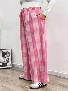 SHEIN CURVE+ Quần ống đứng cạp chun kẻ caro cho nữ, mùa thu/đông, cỡ lớn - Nhiều màu - Xem 5