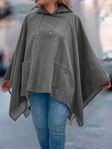 SHEIN LUNE Plus Size Women Casual Hooded Asymmetrical Hem Pockets Drawstring Poncho Jacket, Suitable For Autumn Winter - Dark Grey - View 4
