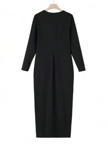 SHEIN BASICS Casual Solid Color Knit Round Neck Long Sleeve Slim Fit Plus Size Long Dress, Cozy Chic, Daily Commute, Warm Comfort - Black - View 8