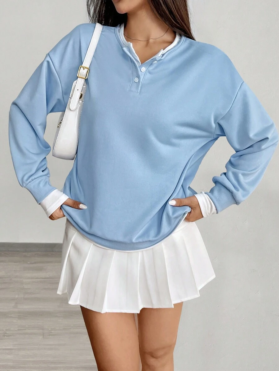 SHEIN Unity 女士宽松撞色拼接卫衣,休闲学院风,秋季套头衫 - 藍色 - 查看 1