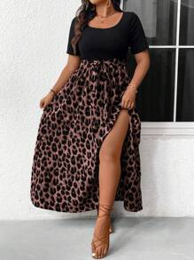 SHEIN Frenchy Plus Size Boho Solid Color Leopard Patchwork Simple Daily Short Sleeve Dress For Women Fall Dress, For Summer - Pink - View 4