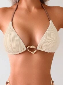 Traje de baño de verano de 2 piezas para mujeres con tirantes asimétricos anudados de color albaricoque - Multicolor - Ver 7