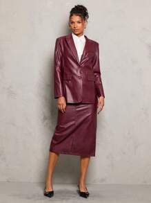 Glamine Conjunto de traje de mujer con blusa de manga larga con botones al frente y falda de tiro alto de PU, sencillo y elegante - Burdeos - Ver 6