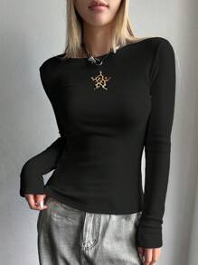 DAZY Women Leopard Print & Star Pattern Thermal Lined Tight Fit Long Sleeve T-Shirt, Thermal Lined Fall, Winter Thermal Lined - Black - View 4