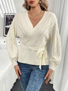 SHEIN LUNE V-Neck Cinched Waist Design Slim Fit Pullover Sweater For Women
