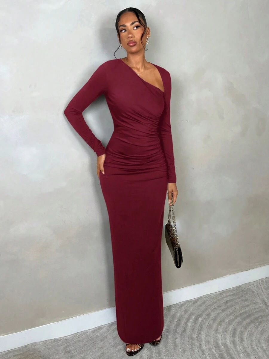 SHEIN BAE Conjunto de ropa de mujer para otoño: Vestido elegante para salir/fiesta - Vestido con corte asimétrico, Blusa de manga larga, Blusa ajustada de manga larga