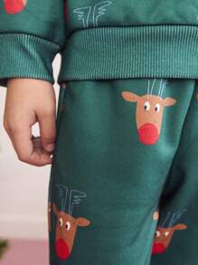 SHEIN 2 件装小男孩节日卡通动物印花圆领长袖上衣和裤子套装，休闲宽松，秋冬季，适合圣诞节 - 綠色 - 查看 3