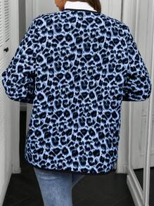 SHEIN LUNE 温暖舒适长袖圆领前开拼接撞色条纹豹纹口袋加厚棉服外套冬季 - 藍色 - 查看 2