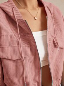 Poéselle 翻盖细节落肩抽绳连帽灯芯绒夹克，女士春/秋休闲抽绳，拉链落肩连帽常规款式暗粉色灯芯绒纯色女士夹克，休闲日常穿着 - 藕粉色 - 查看 5