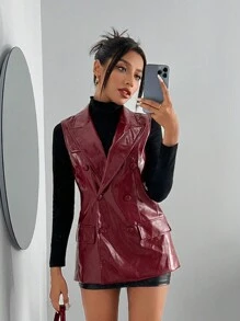 SHEIN SXY Chaleco de mujer de estilo vintage en PU rojo oscuro, para otoño/invierno