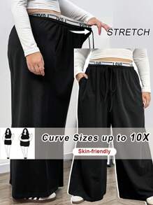 SHEIN CURVE+ 大码女式字母针织腰带休闲运动裤 - 黑色 - 查看 1