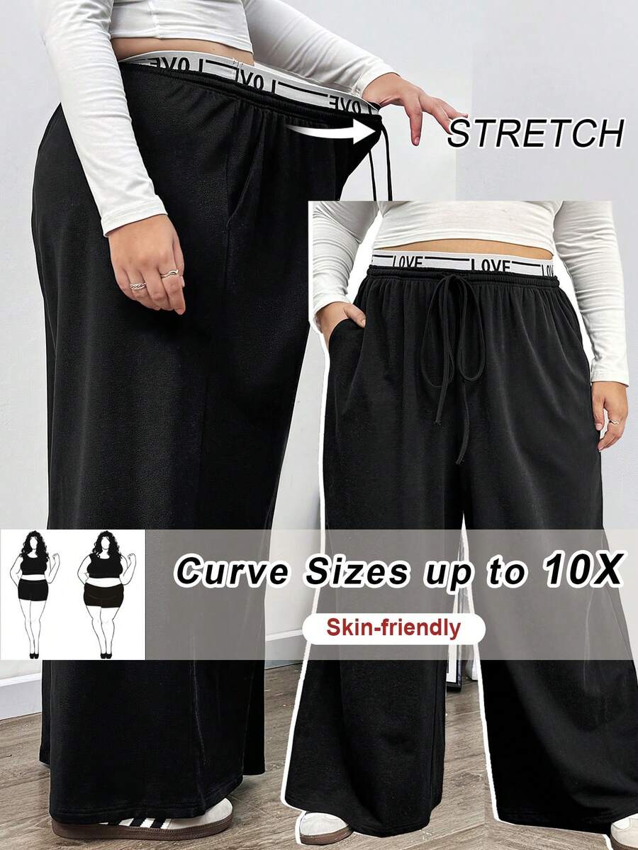 SHEIN CURVE+ 大码女式字母针织腰带休闲运动裤 - 黑色 - 查看 1