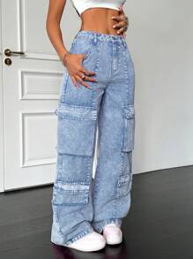 SHEIN PETITE Jeans anchos y amplios de algodón para mujer, con diseño sexy, pantalones cargo para mujer, pantalones color rosa intenso, pantalones para homecoming, jeans anchos, jeans anchos para mujer, jeans de tiro bajo