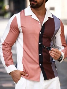 Manfinity Homme 1pc Men's Long Sleeve Front Button Striped Minimalist Color Block Shirt, Casual For Everyday Wear ,Men's Mature Casual Khaki-Brown Coffee-Colored Vertical Striped Contrast Long-Sleeve Shirt ,Button Up Shirt, For Going Out, Husband