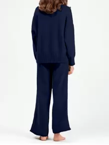 Franclia 2pcs/Set Casual Solid Color Crew Neck Long Sleeve Sweater Top And Pants Fall Winter Cloth For Women - Navy Blue - View 2