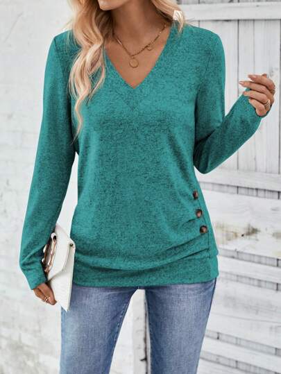 EMERY ROSE Casual Solid Color Decorated Button Accent T-Shirt, Suitable For Autumn