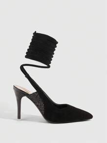 CUCCOO SZL Black High Heel Pumps For Women, New Summer Design, Lace-Up Glitter Faux Suede Sexy Fashionable High Heel Shoes Valentine's Day - Black - View 8