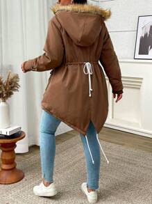 SHEIN LUNE Plus Size Front Zip Pocket Long Sleeve Furry Patchwork Hooded Casual Padded Coat Fall Cloth For Women - Khaki - View 2