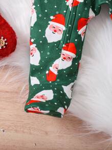 SHEIN 2pcs Newborn Baby Boys Christmas Santa Claus & Stripe Print Soft & Comfortable Long Sleeve Zipper Closure Romper Outfit Set