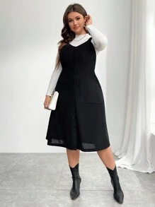 SHEIN Privé 大码优雅复古学院风 V 领无袖多层中长款太阳裙，可调节肩带，黑色灯芯绒，节日 - 黑色 - 查看 6