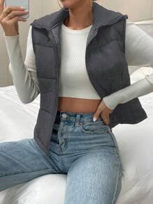 Chiquease 女士纯色前拉链休闲棉质背心，冬季服装