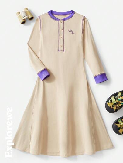 SHEIN 1pc Tween Girls Elegant Long Sleeve Midi Dress, Fitted Crew Neck Dress Suitable For Vacation, Street Or Outdoor Use, Spring & Autumn