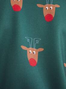 SHEIN 2 件装小男孩节日卡通动物印花圆领长袖上衣和裤子套装，休闲宽松，秋冬季，适合圣诞节 - 綠色 - 查看 4