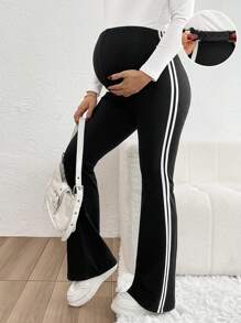 SHEIN Maternity Adjustable Waist Side Striped Flare Casual Pants - Black - View 4